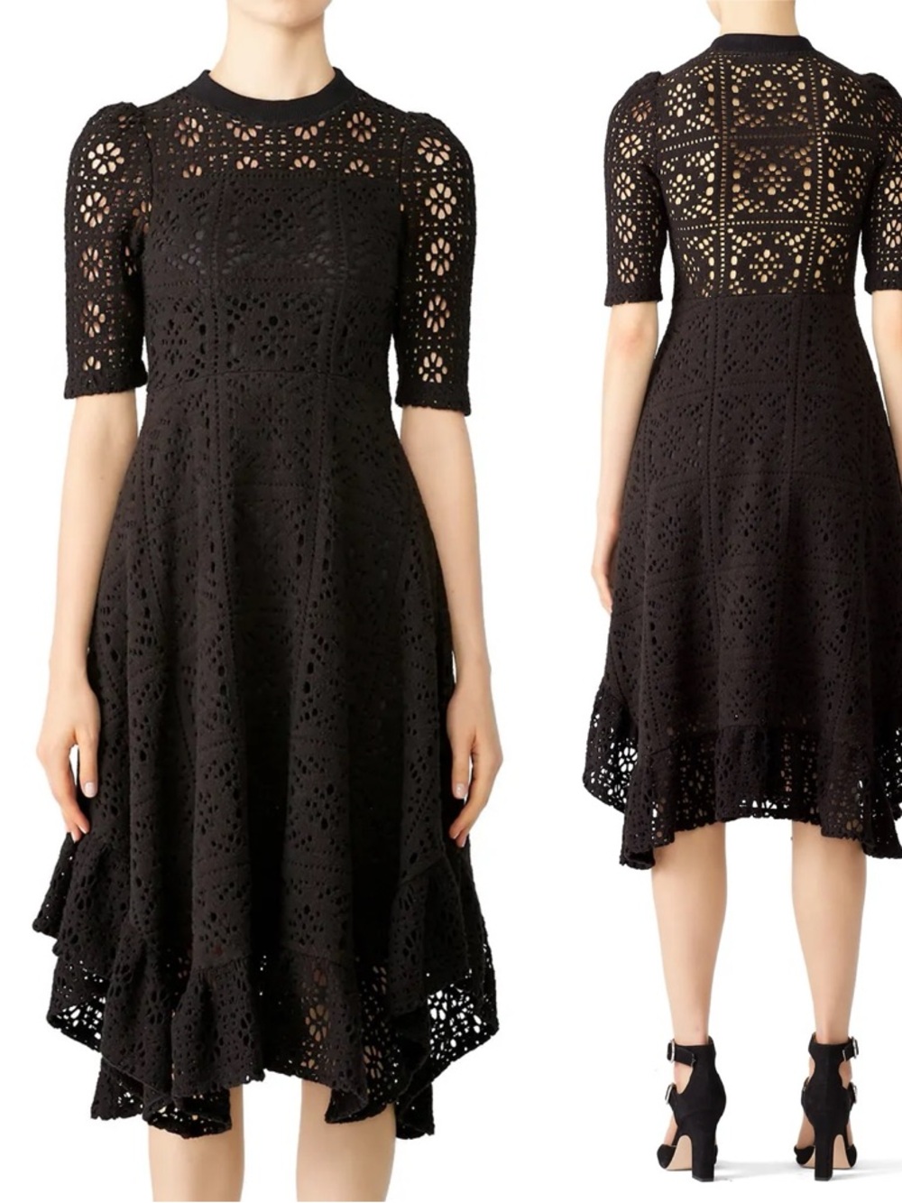 SEE BY CHLOE Lace Crochet Floral Cut Out Ruffle Midi Dress \\ S